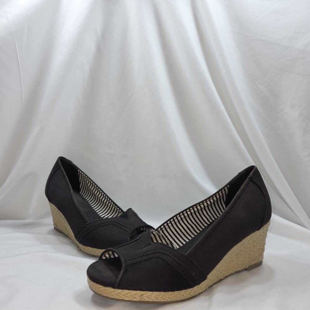 Sonoma Goods for Life Wedge Sandal Womens 8 Black Espadrille Peep Toe Canvas